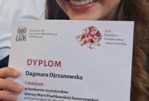 Sukces Dagmary Ojrzanowskiej w IV Ogólnopolskim Uniwersyteckim Konkursie Recytatorskim Wierszy Marii Pawlikowskiej-Jasnorzewskiej